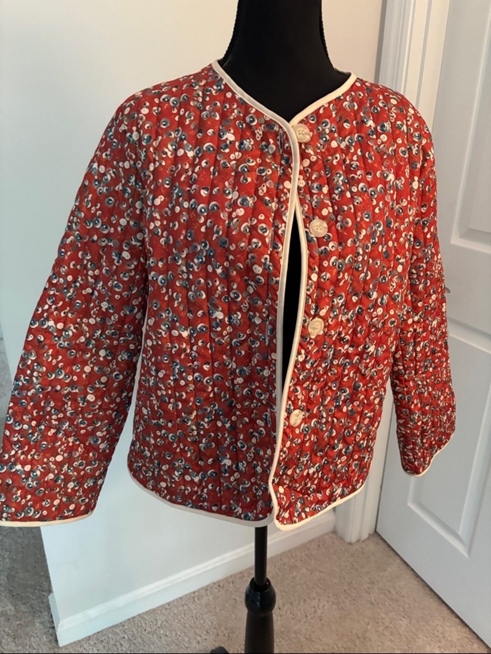 Red Rust Quilted Floral-Print Jacket with Contrast Trim